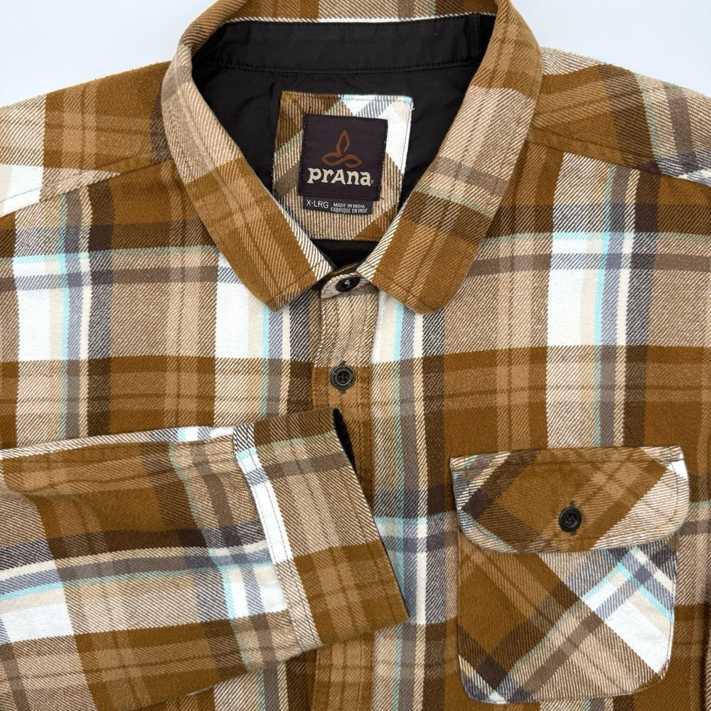 Prana Flannel Shirt Mens XL Brown Plaid Organic Cotton Long Sleeve Button Up